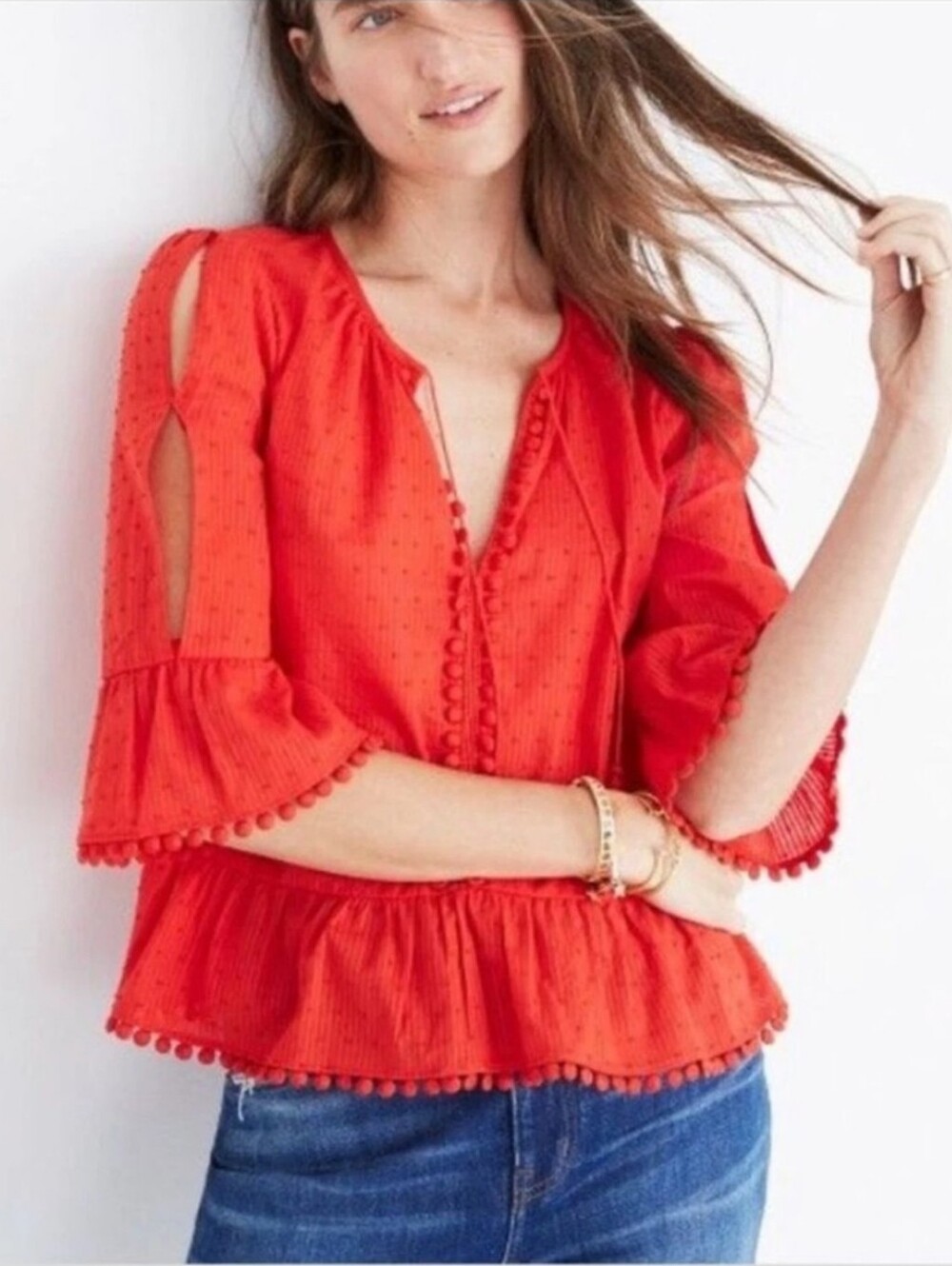 Madewell Peekaboo Pom-Pom Tassel Lace Cotton V-Neck Loose Fit Ruffle Top Size Md